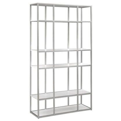Minimalist metal and white shelf unit with a grid design.