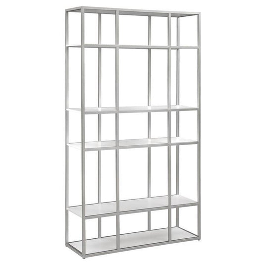 Minimalist metal and white shelf unit with a grid design.