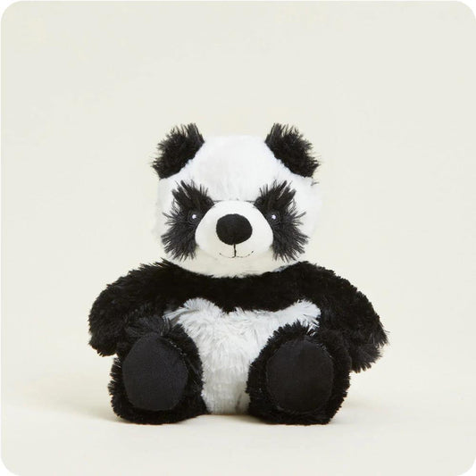 A cute black and white panda plush toy sitting upright.