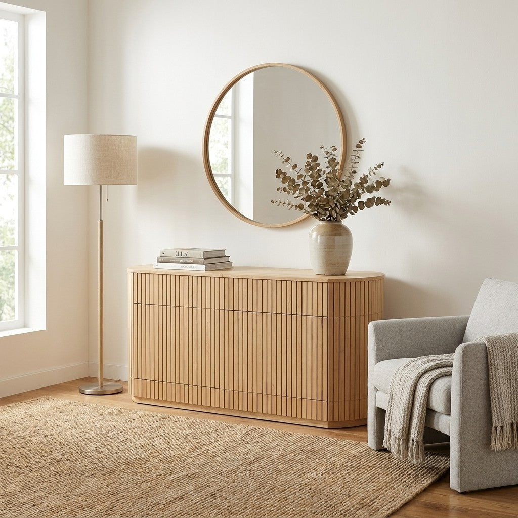 Minimalist room with a round mirror, wooden sideboard, and cozy chair.