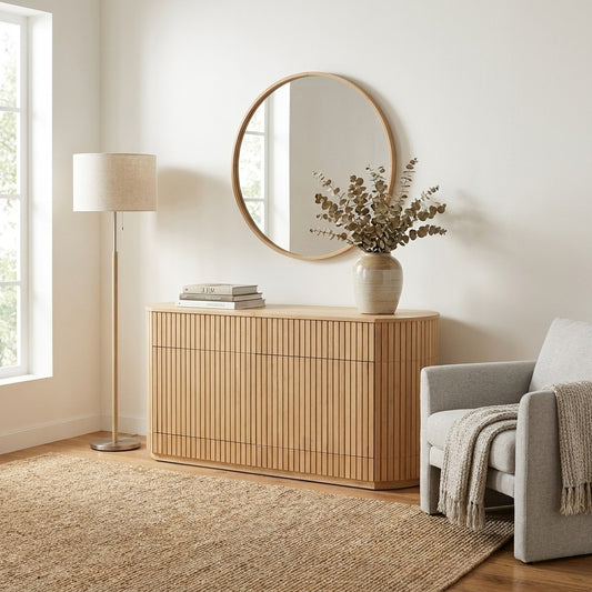 Minimalist room with a round mirror, wooden sideboard, and cozy chair.