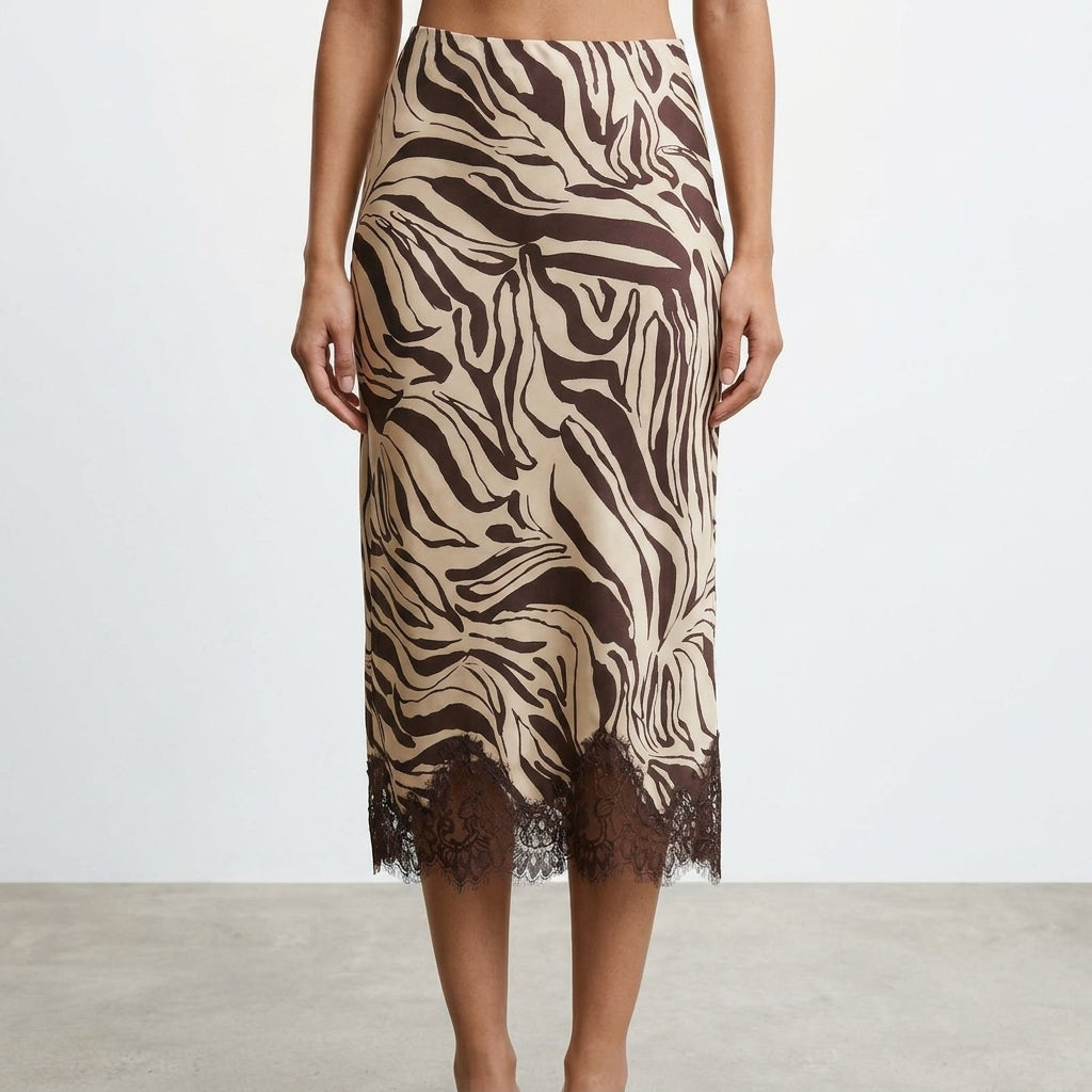 Brown zebra-print skirt with lace hem detailing.