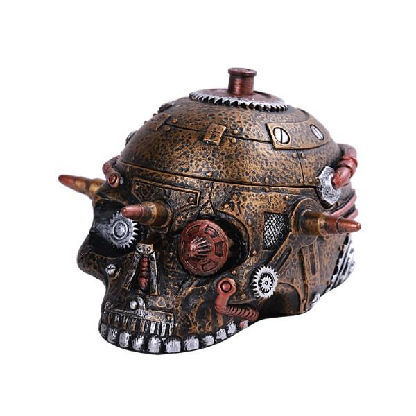 Steampunk skull with gears and metallic details.