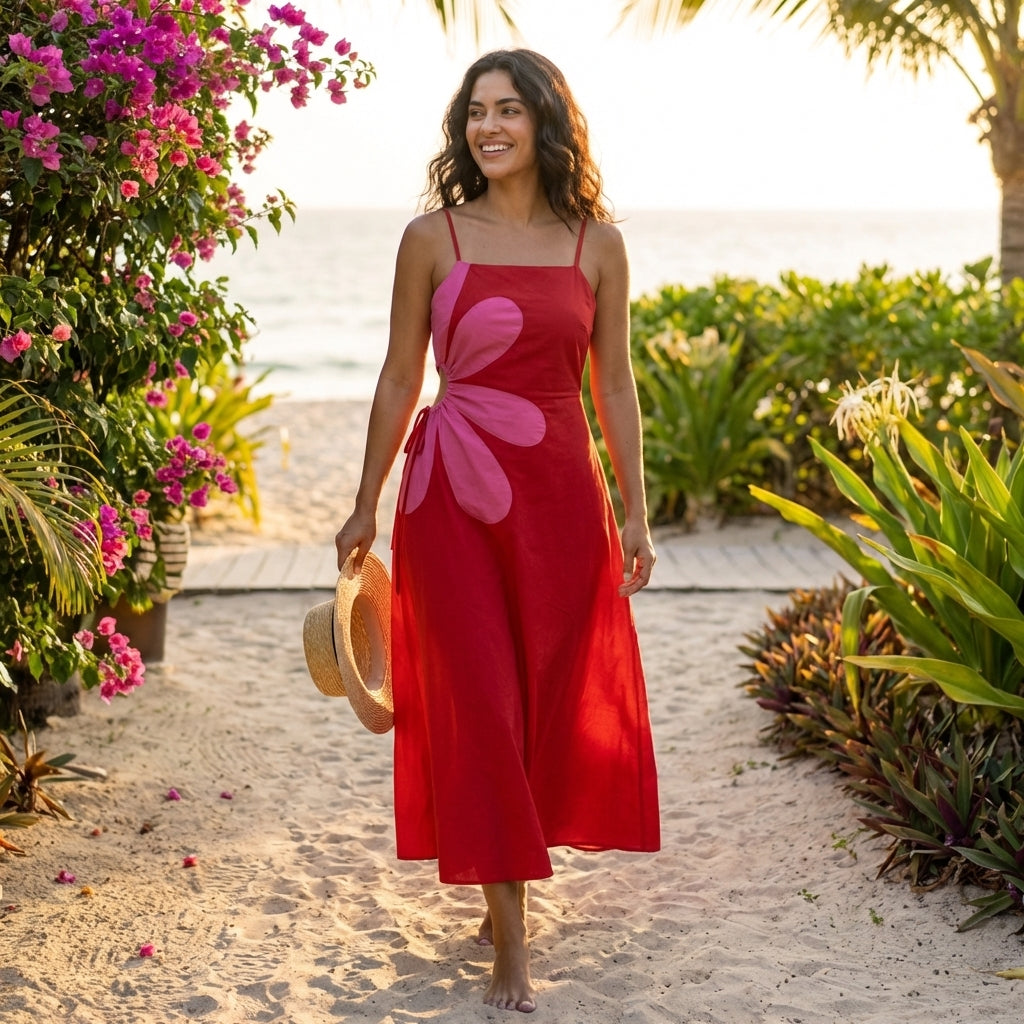 Woman in red dress walking on a sandy beach path with flowers.