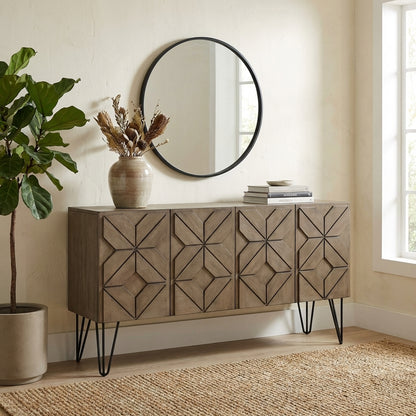 Wooden sideboard with geometric patterns and metal legs.