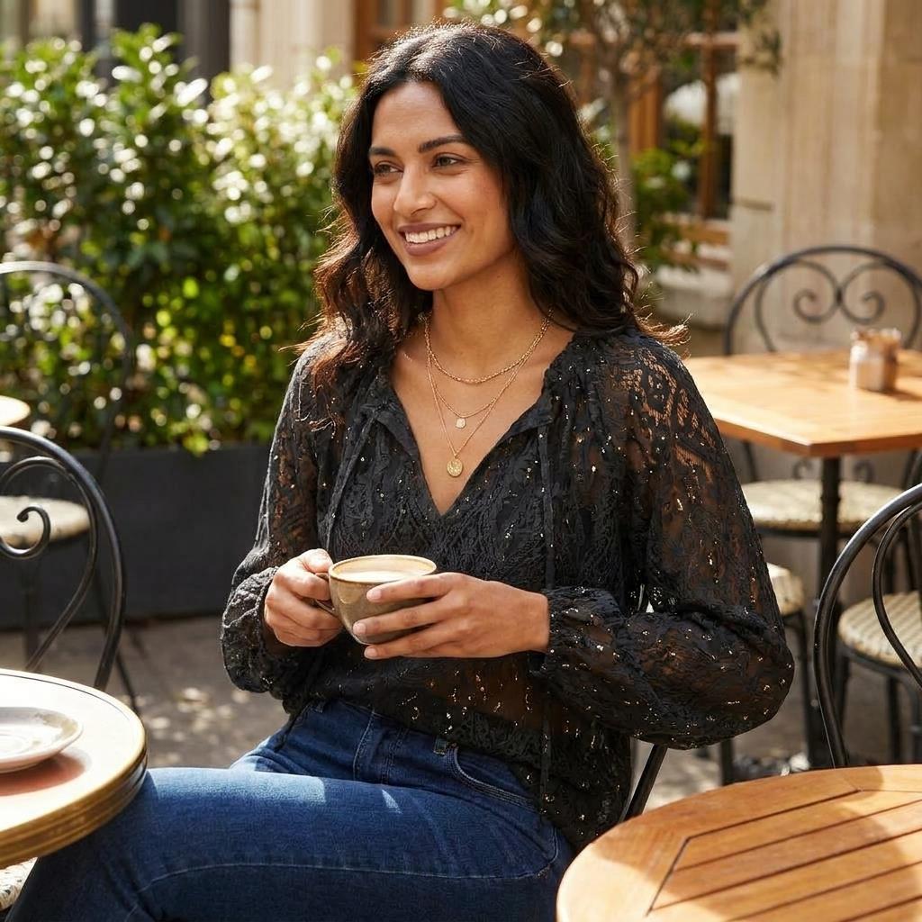 Smiling woman enjoying coffee at an outdoor café.