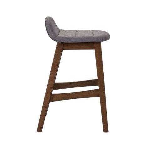 Wooden stool with a gray cushioned seat, side view.