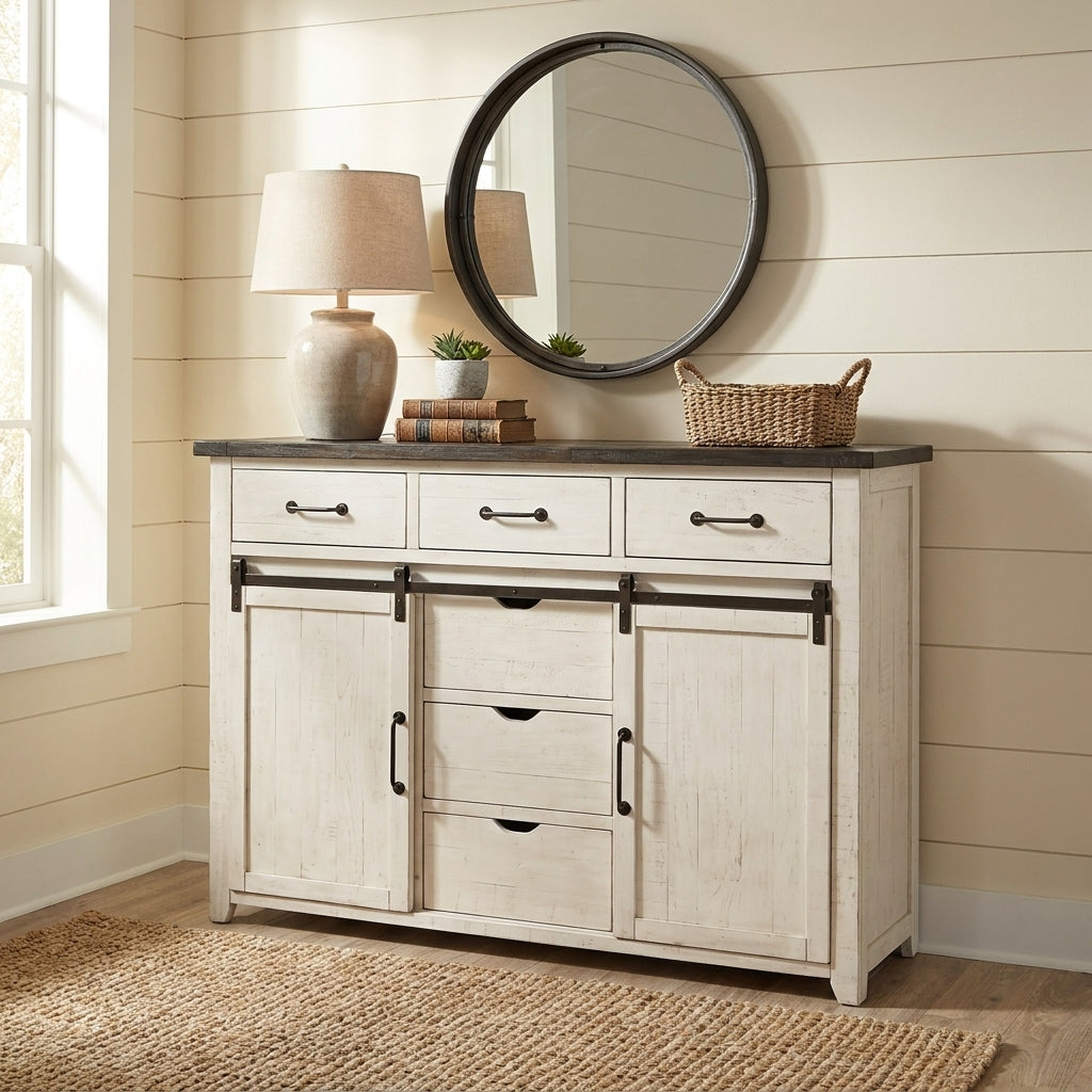 White cabinet with black tabletop and sliding barn doors.