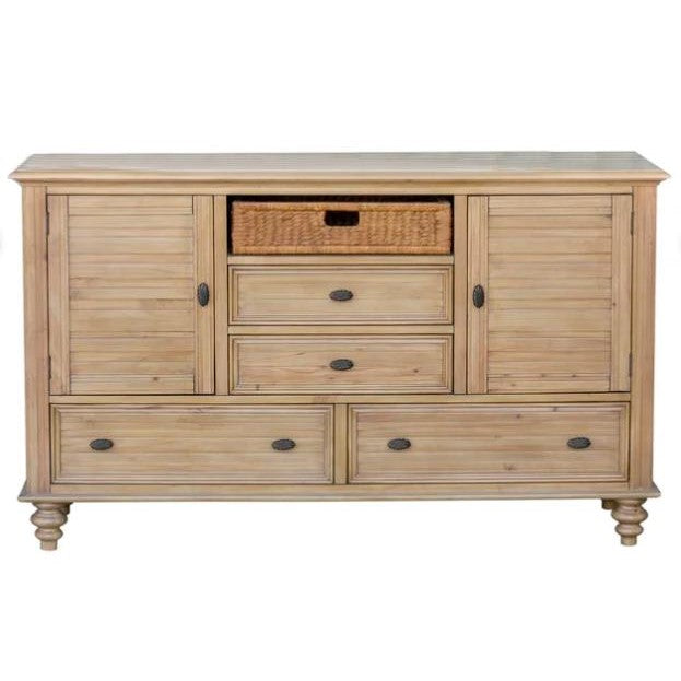 A rustic wooden sideboard with drawers, cabinet doors, and a woven basket.
