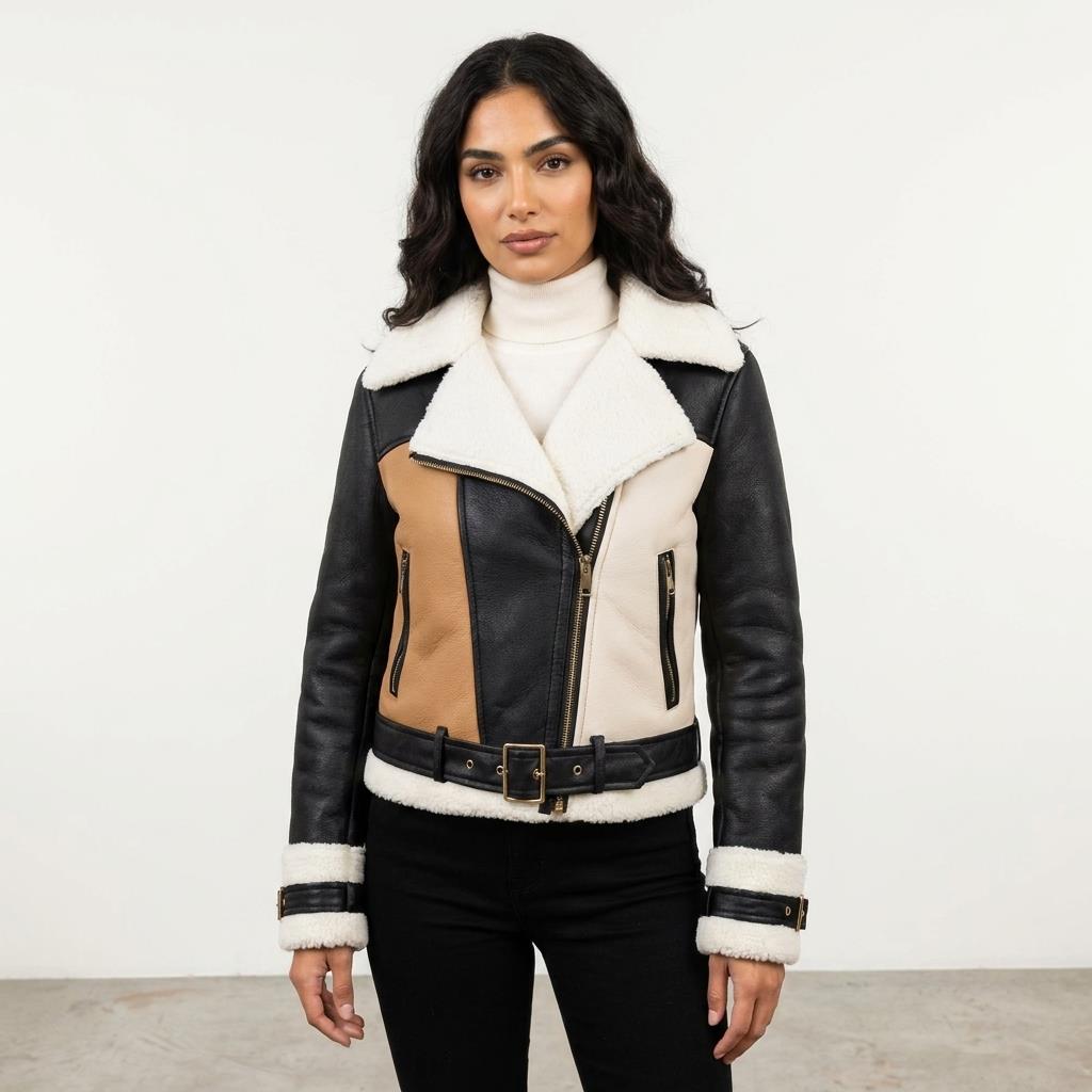 A woman models a black, tan, and cream shearling-trimmed jacket against a plain background.