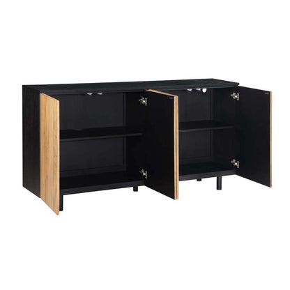 Black rectangular sideboard with small legs and circular cutouts on the back.