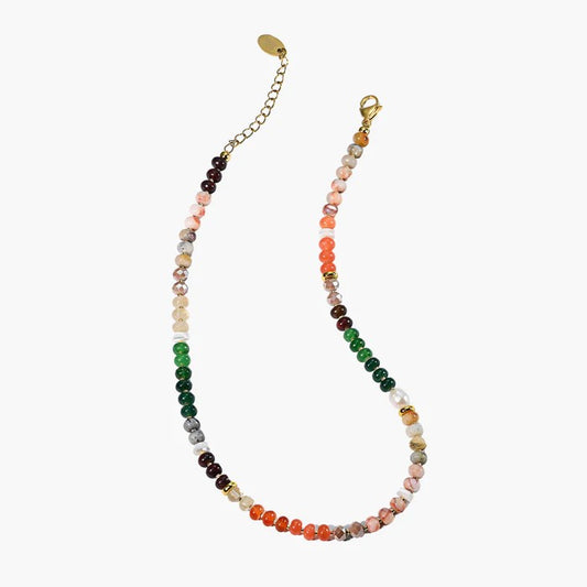 Colorful beaded necklace with gold accents.