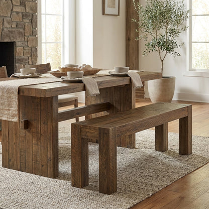 A simple brown wooden bench with a minimalist design.