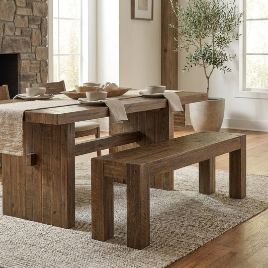 A simple brown wooden bench with a minimalist design.