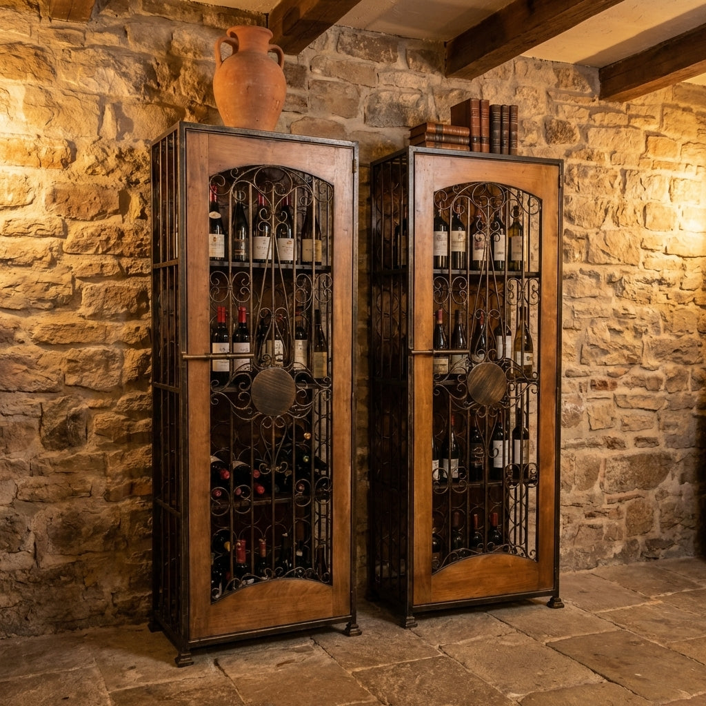 Rustic wine cabinets against a stone wall.