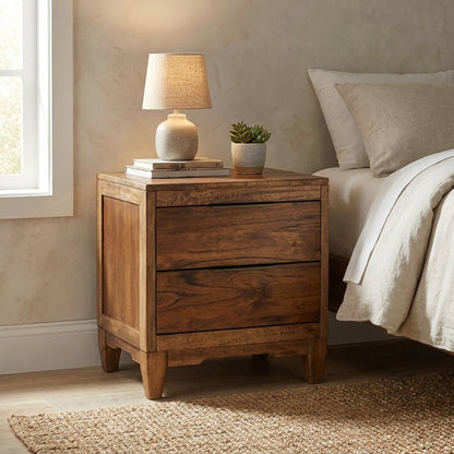 Wooden nightstand with lamp and plant by a cozy bed.
