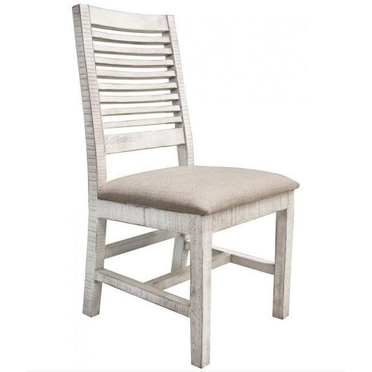 White wooden chair with a cushioned seat.