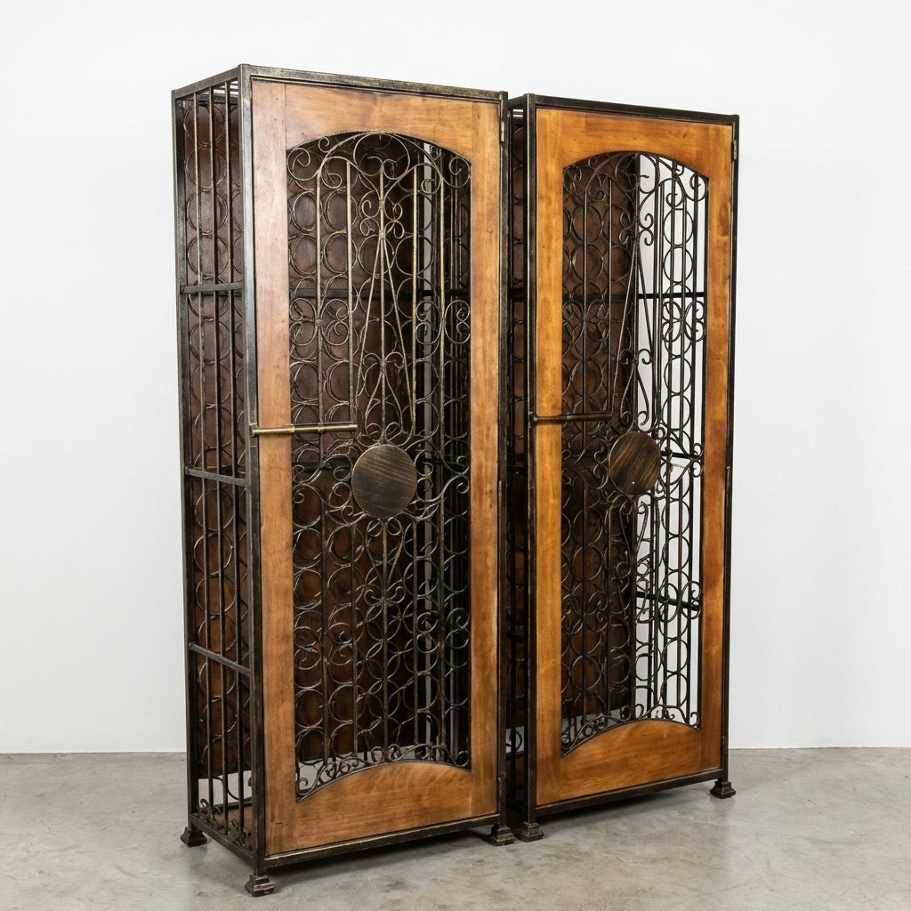 Tall wooden wine racks with intricate iron detailing.
