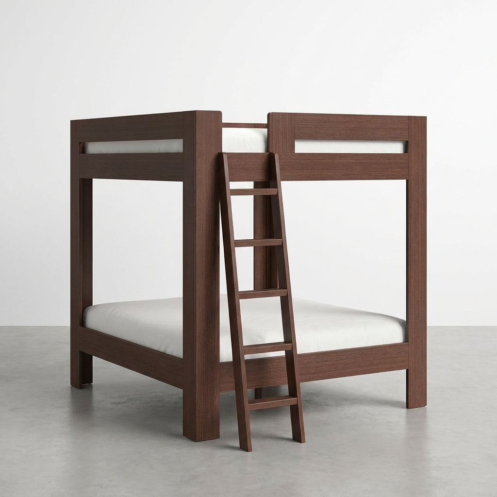 Wooden bunk bed with white mattresses and a ladder.