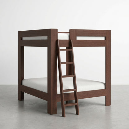Wooden bunk bed with white mattresses and a ladder.
