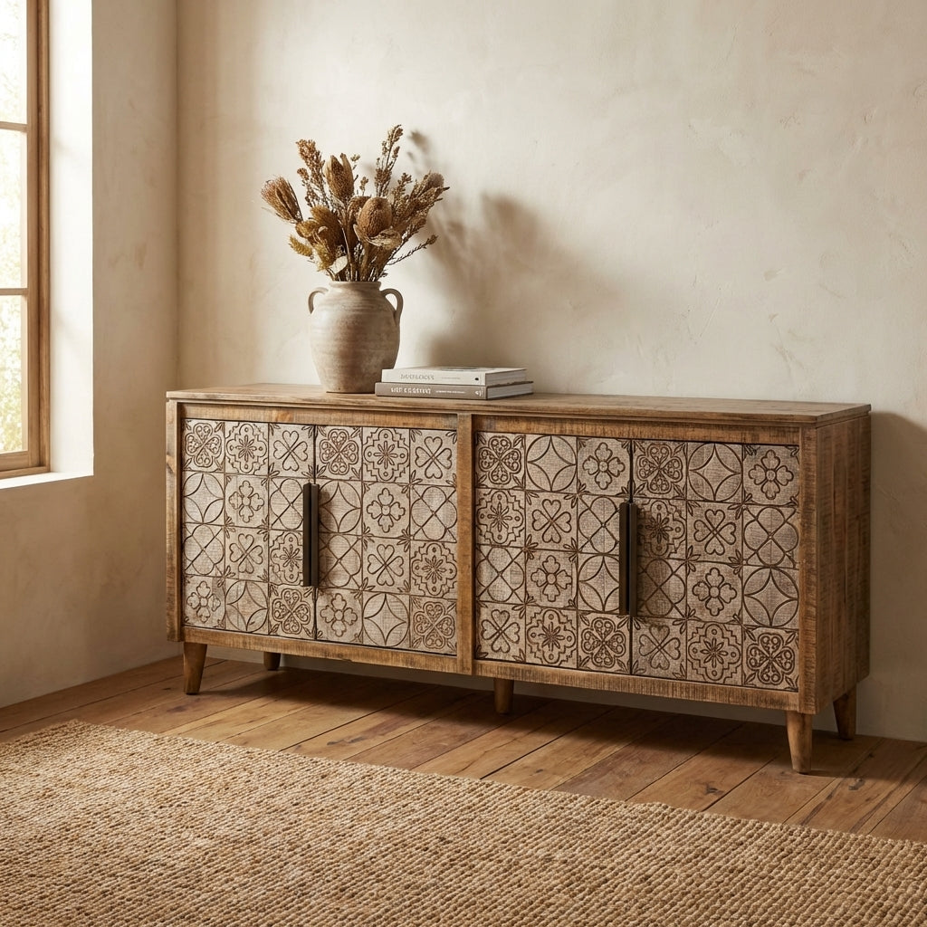 Wooden cabinet with ornate geometric carvings and black handles.