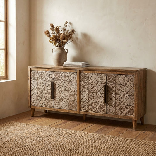 Wooden cabinet with ornate geometric carvings and black handles.