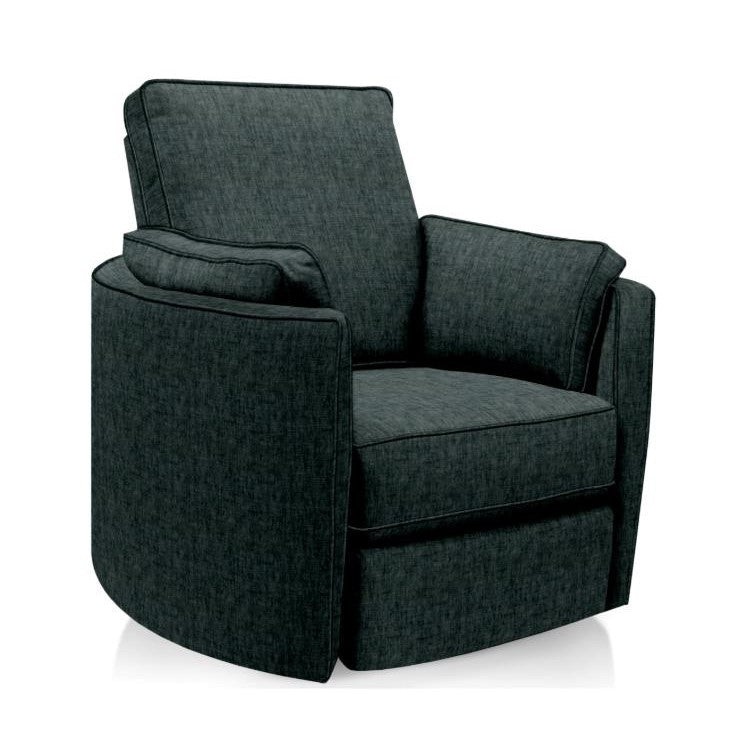 Modern dark gray armchair with plush cushions.