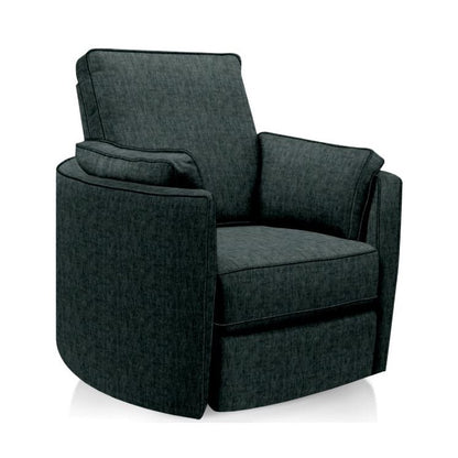 Modern dark gray armchair with plush cushions.