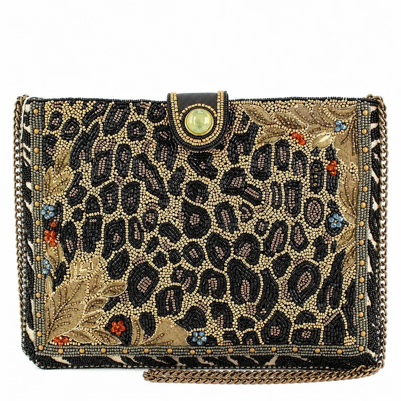 Beaded clutch with leopard and floral design, chain strap, ornate details.