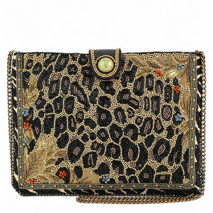 Beaded clutch with leopard and floral design, chain strap, ornate details.
