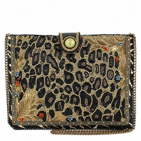 Beaded clutch with leopard and floral design, chain strap, ornate details.