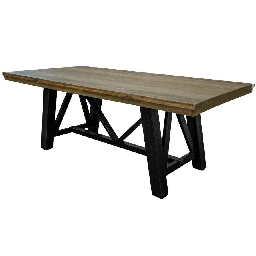 Rustic wooden dining table with black trestle legs.