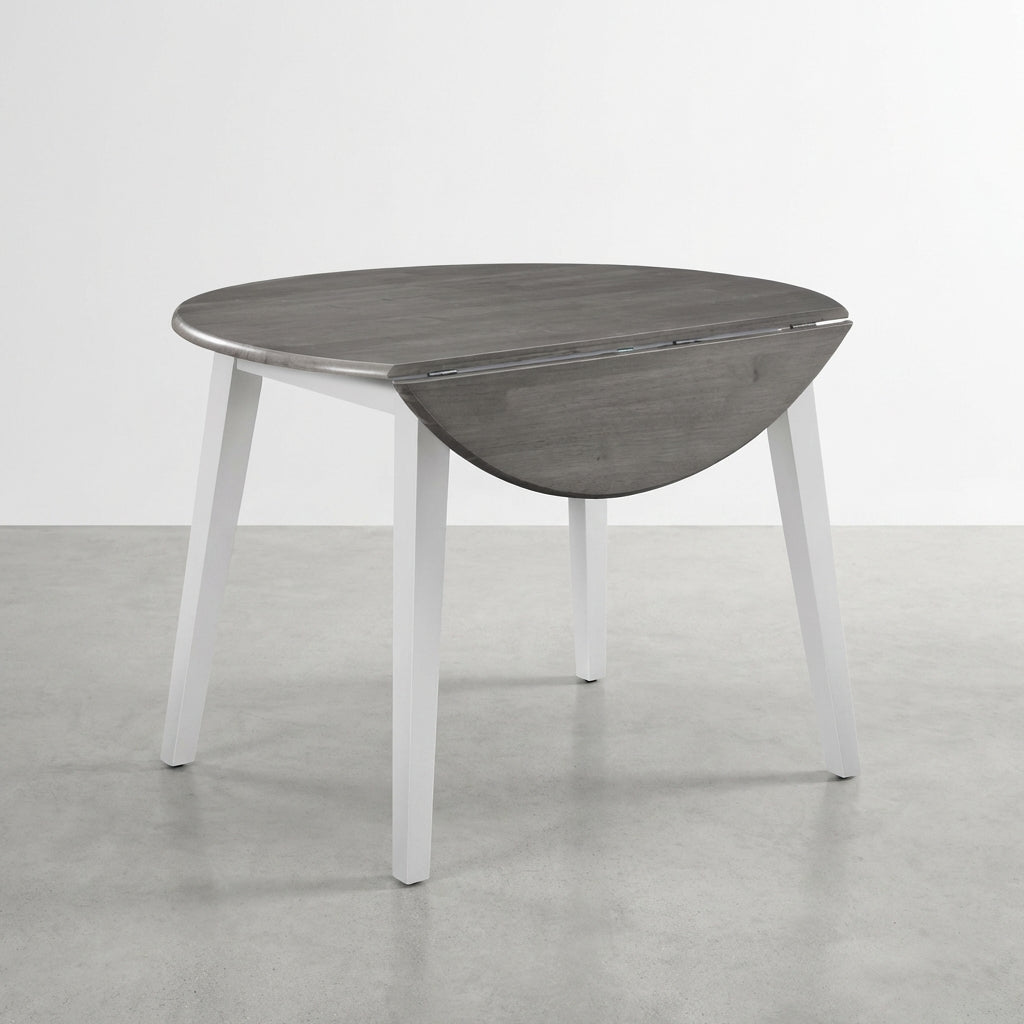 Gray and white drop-leaf round table with clean lines.