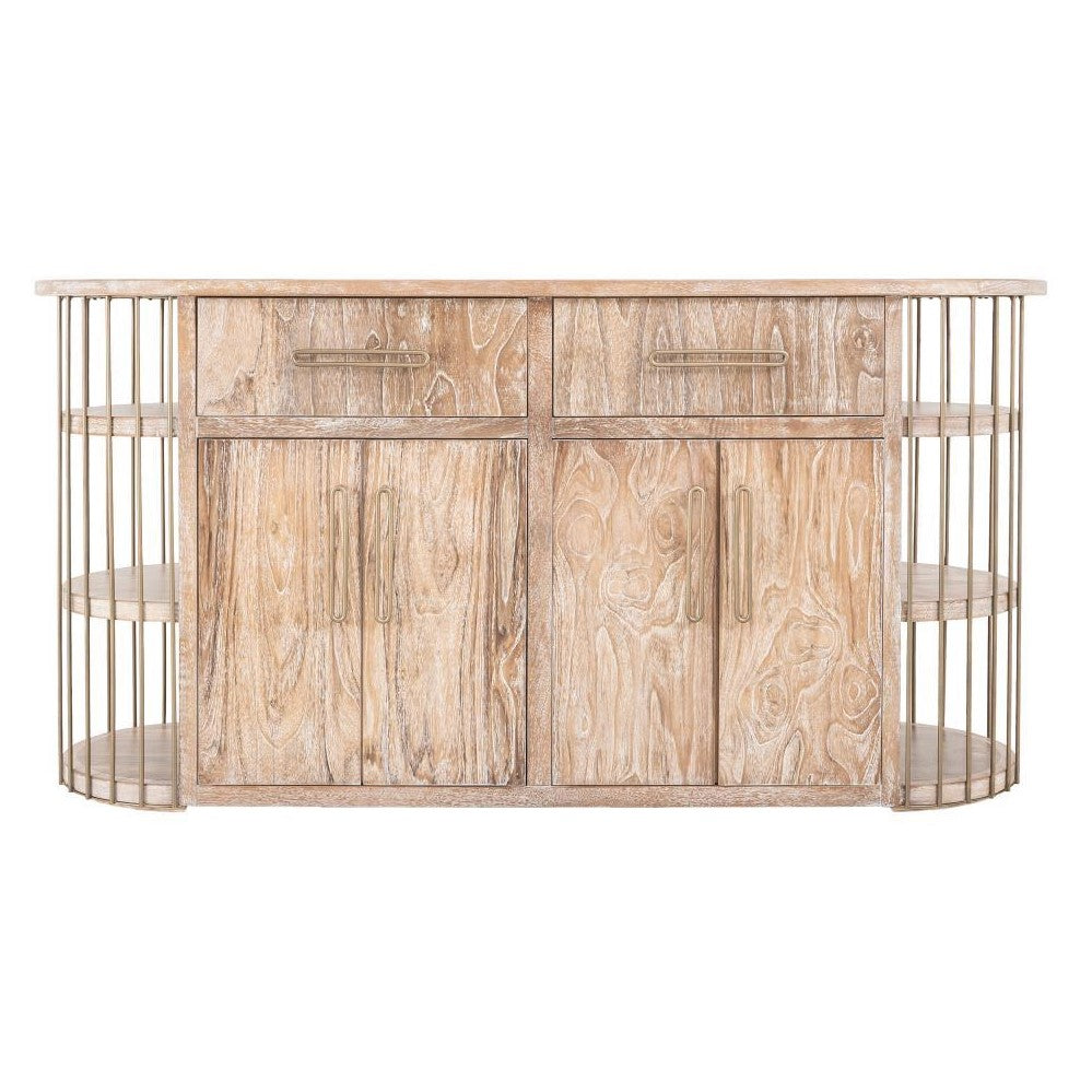 Wooden sideboard with shelves and curved metal accents on sides.