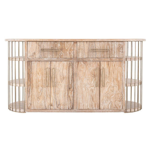 Wooden sideboard with shelves and curved metal accents on sides.
