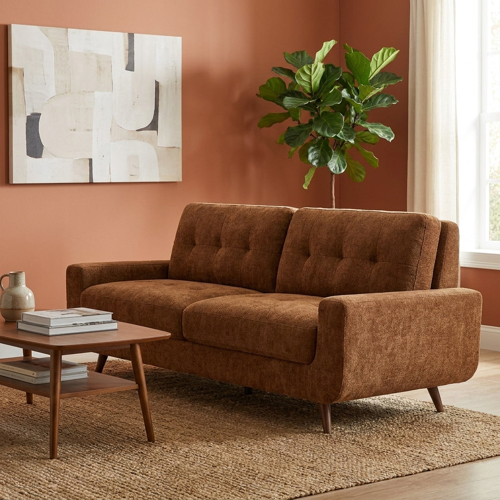 Brown sofa, plant, abstract art, and coffee table in cozy room.