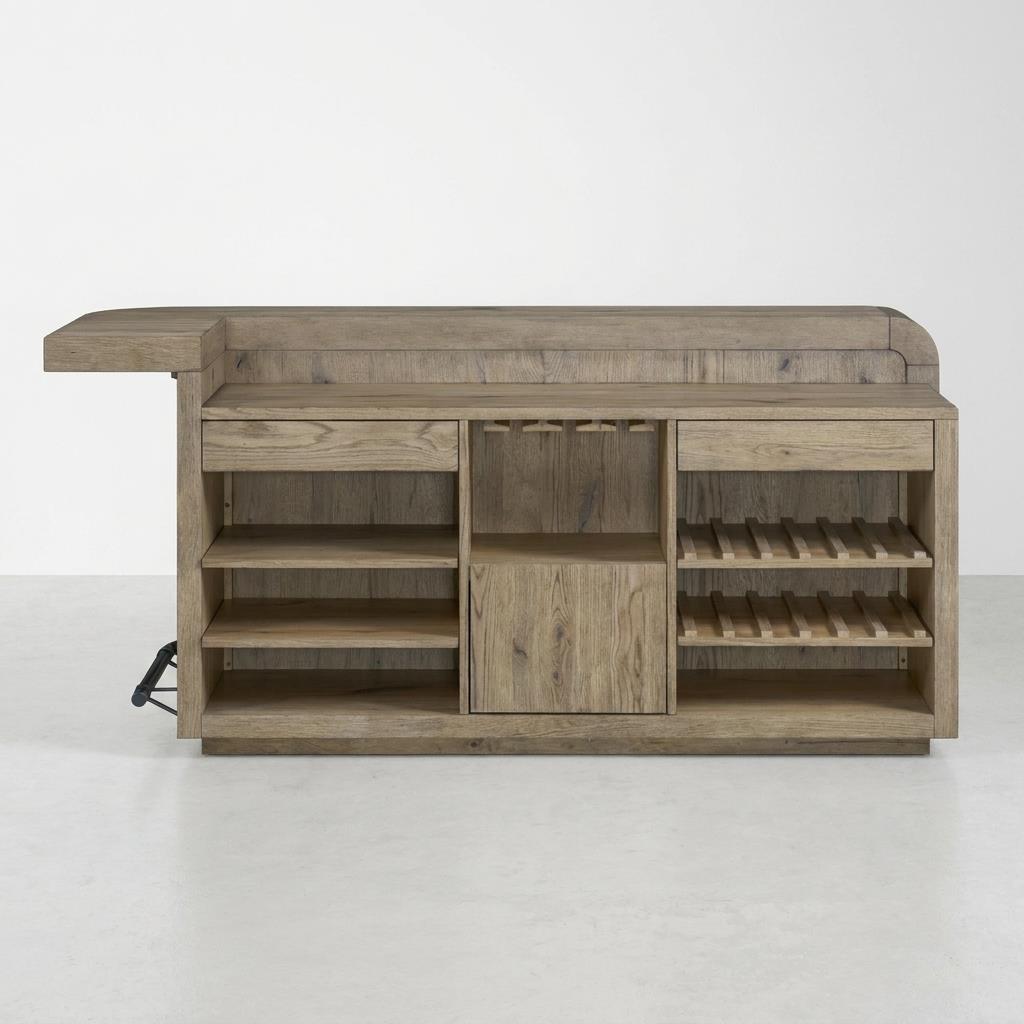 Wooden bar cabinet with shelves and storage spaces.