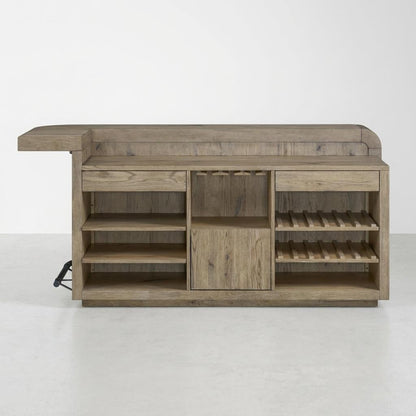 Wooden bar cabinet with shelves and storage spaces.