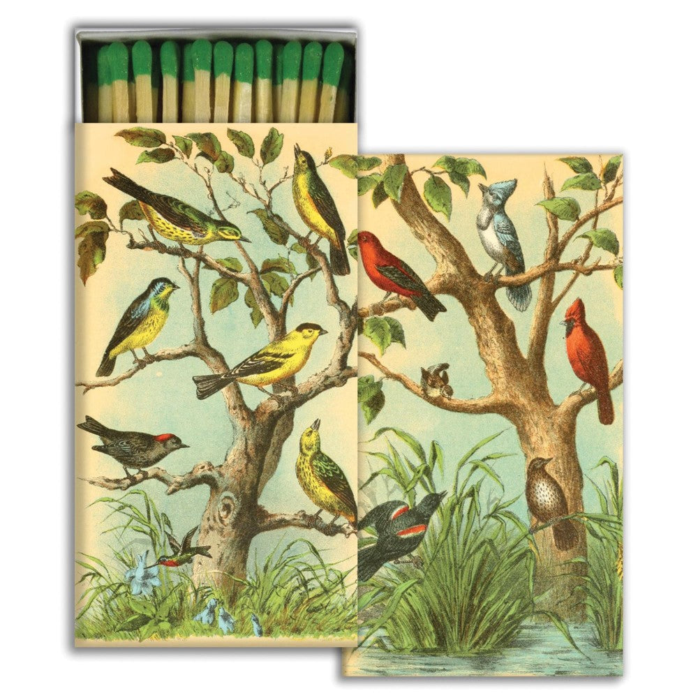 Vintage bird illustration on matchbox with green-tipped matches.