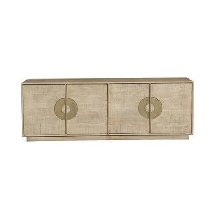 Wooden sideboard with circular metal handle accents.
