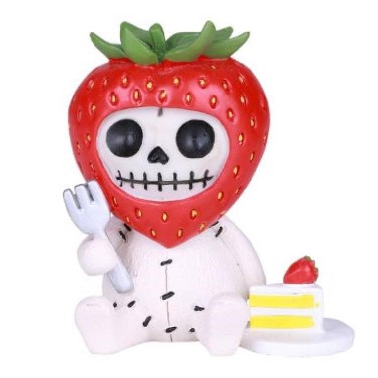Strawberry-headed skeleton with cake and fork.