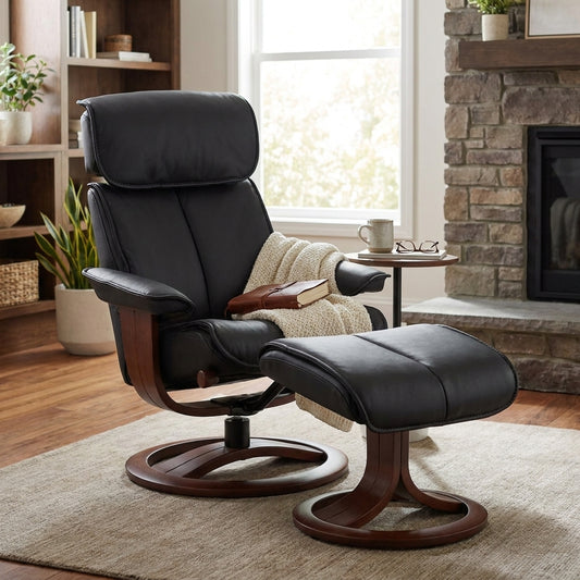 Black leather recliner with wooden swivel base.