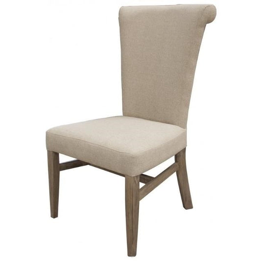 Beige upholstered chair with wooden legs.