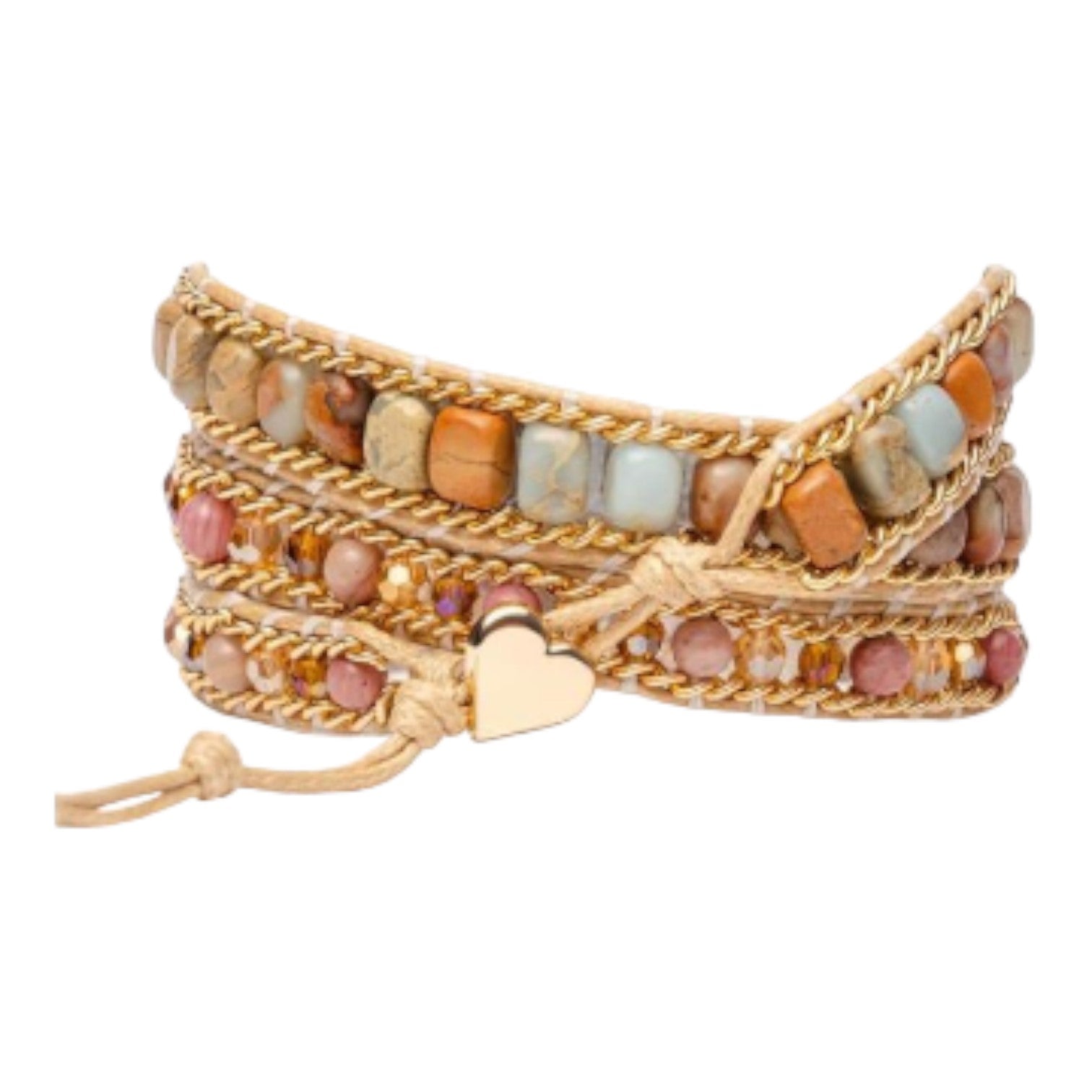 Colorful beaded wrap bracelet with a heart charm.