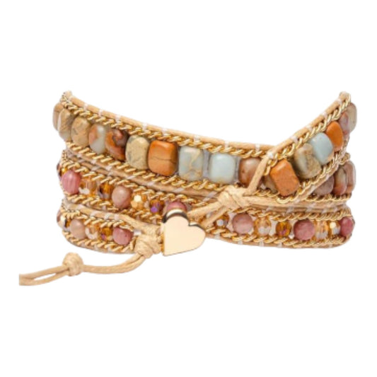 Colorful beaded wrap bracelet with a heart charm.