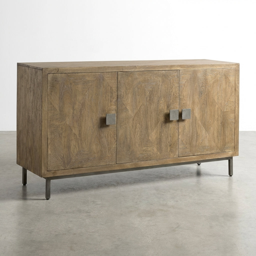 Wooden sideboard with metallic handles and modern design.