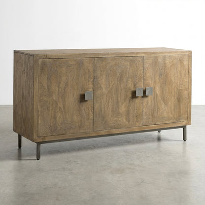 Wooden sideboard with metallic handles and modern design.