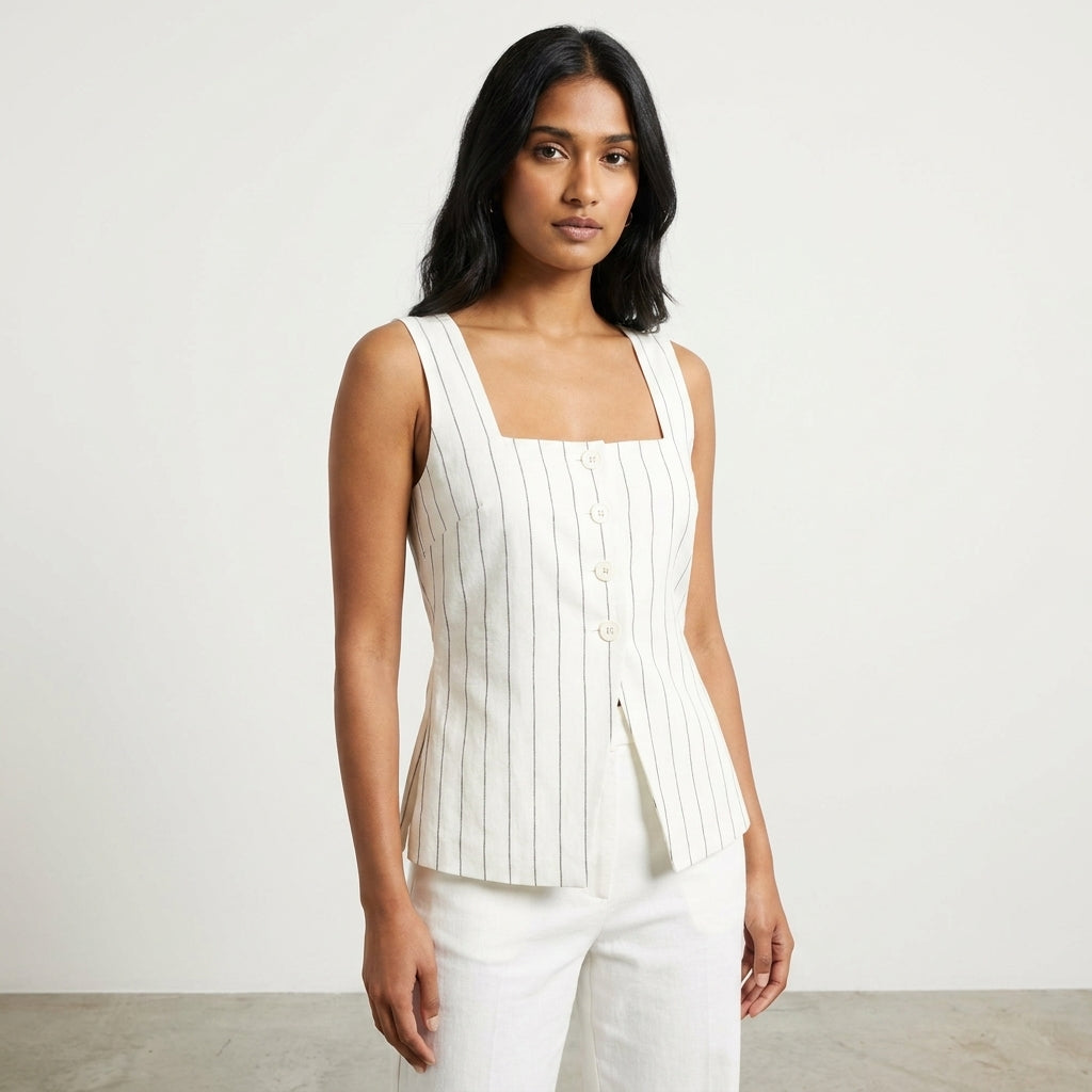 Woman in white striped sleeveless top against a plain background.