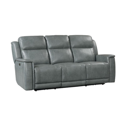 Gray leather reclining sofa with cushioned seats.
