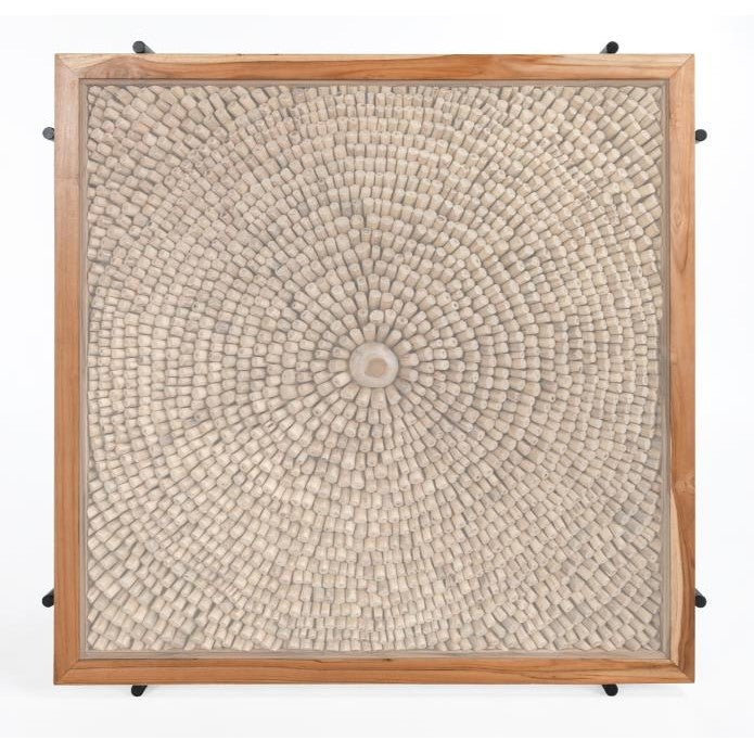 Square wooden frame with circular patterned art inside.